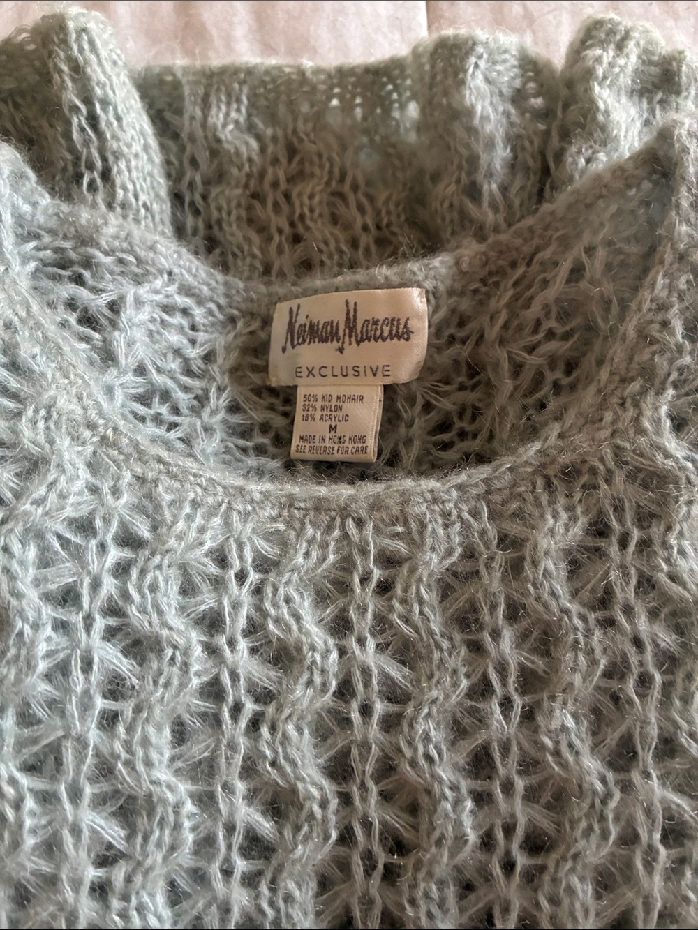 Neiman Marcus Open-Knit Crewneck Sweater in Light Gray/Blue